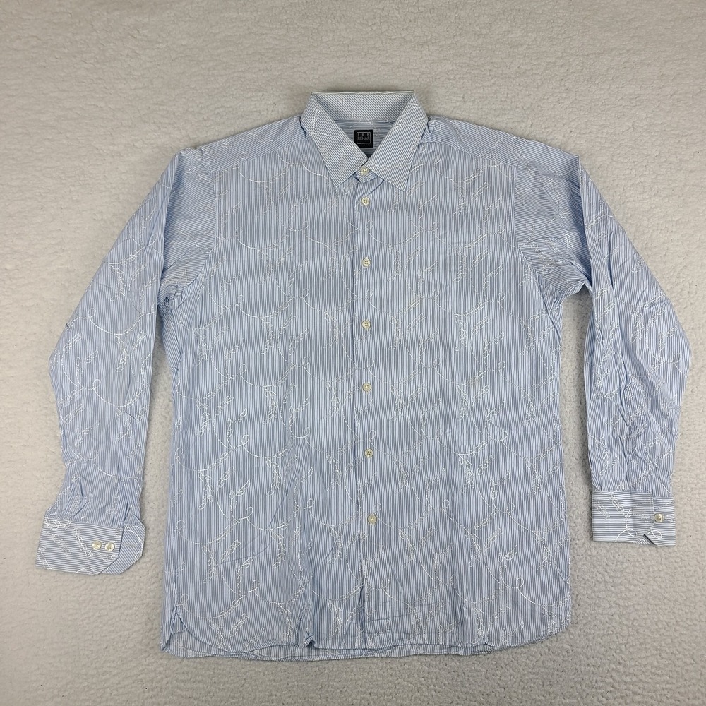 IKE Behar New York Shirt Mens Large Blue White Striped Floral Dress Button Up *‎